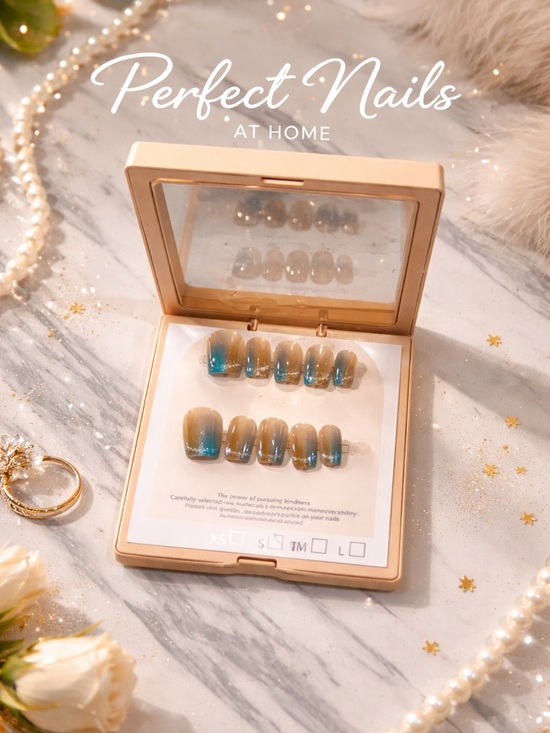 None Other - Press On Toe Nail Set  in Beige and Teal – Perfect At Home - Size Small - 10pcs